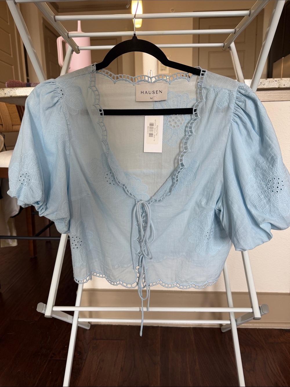NWT Hausen Light Blue Lace-Trim Tie-Front Puff Sleeve Top